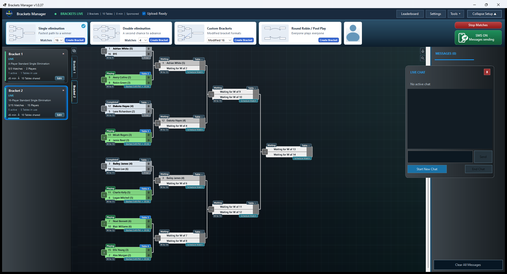 Live Support Chat open inside the Brackets Manager tournament workspace