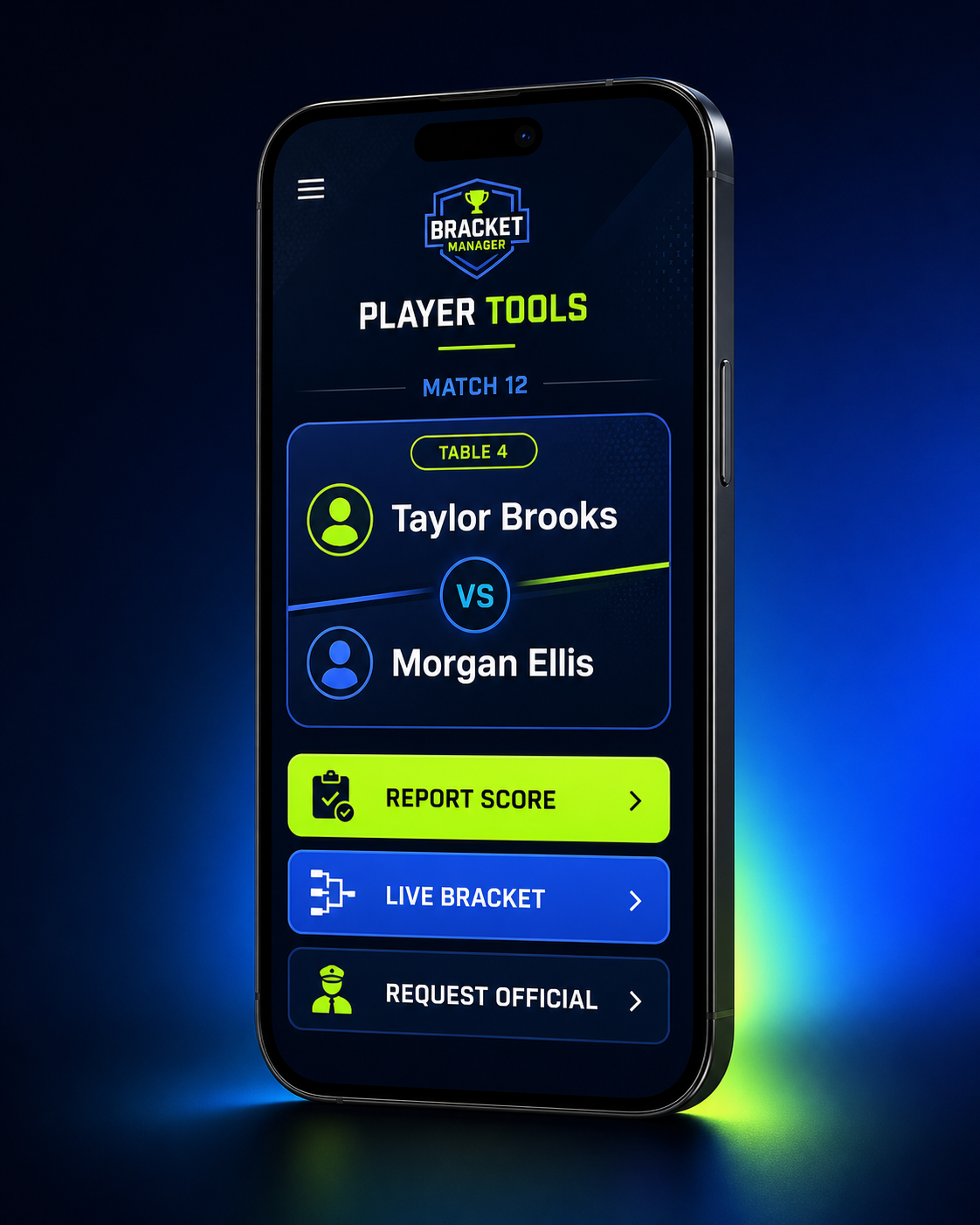 Bracket Manager player web app running on an iPhone