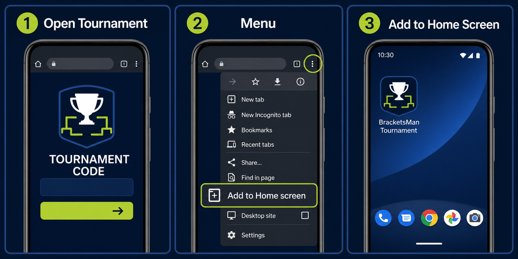 Three Android screens showing how to open Tournament Brackets, use the Chrome menu, and add BracketsMan to the home screen.